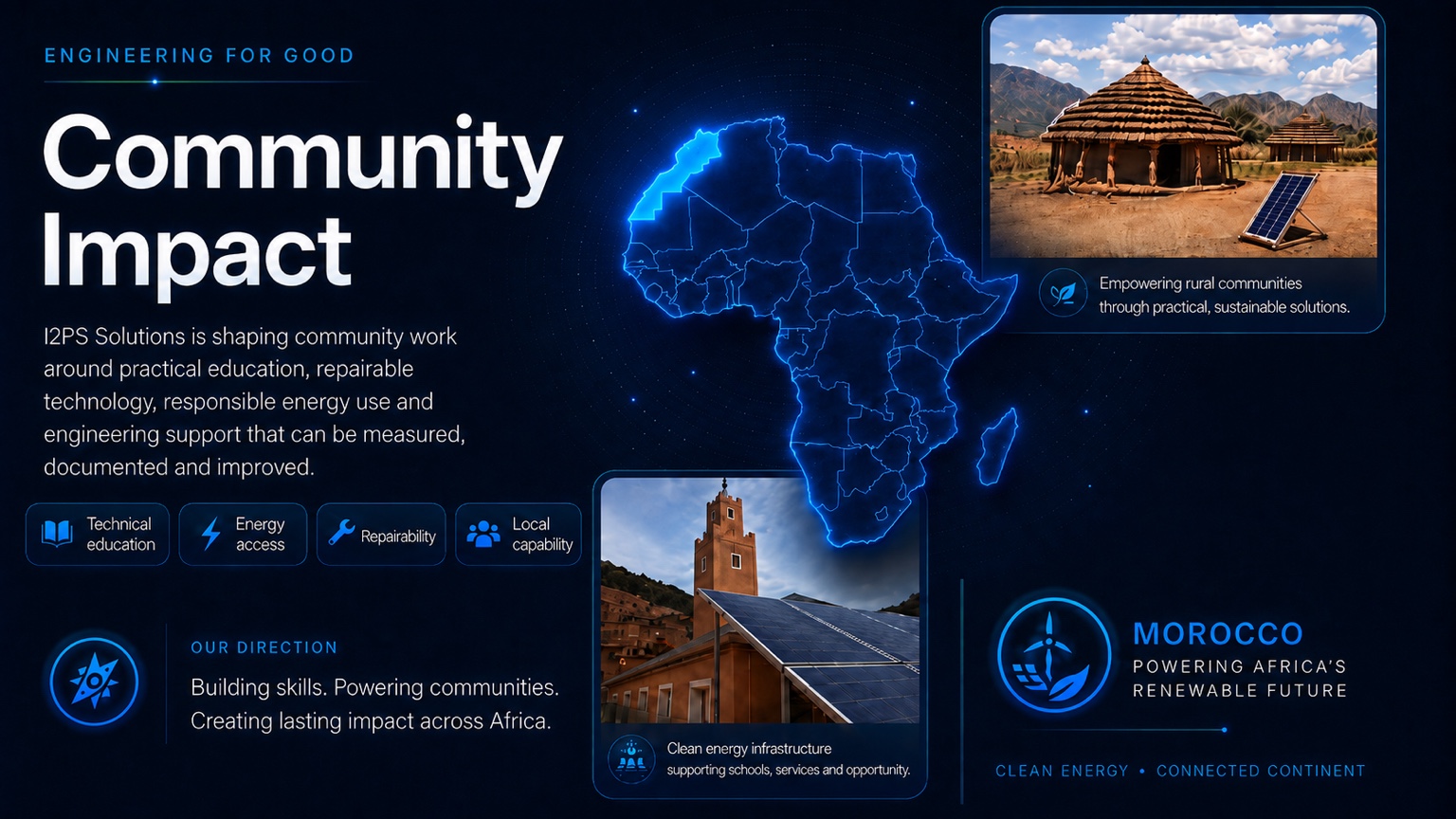 I2PS Community Impact — engineering for good, practical education, repairability, energy access, local capability, and Morocco powering Africa’s renewable future
