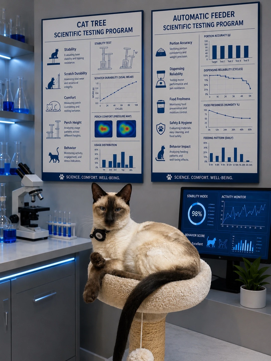 Dr. Blair Felis in the I2PS Research Lab during cat-tree and automatic-feeder testing
