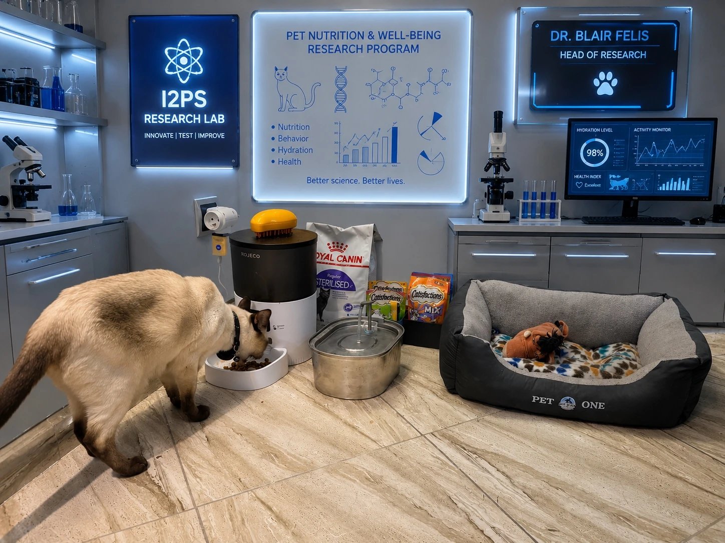Dr. Blair Felis testing automatic feeding, hydration and rest systems in the I2PS Research Lab